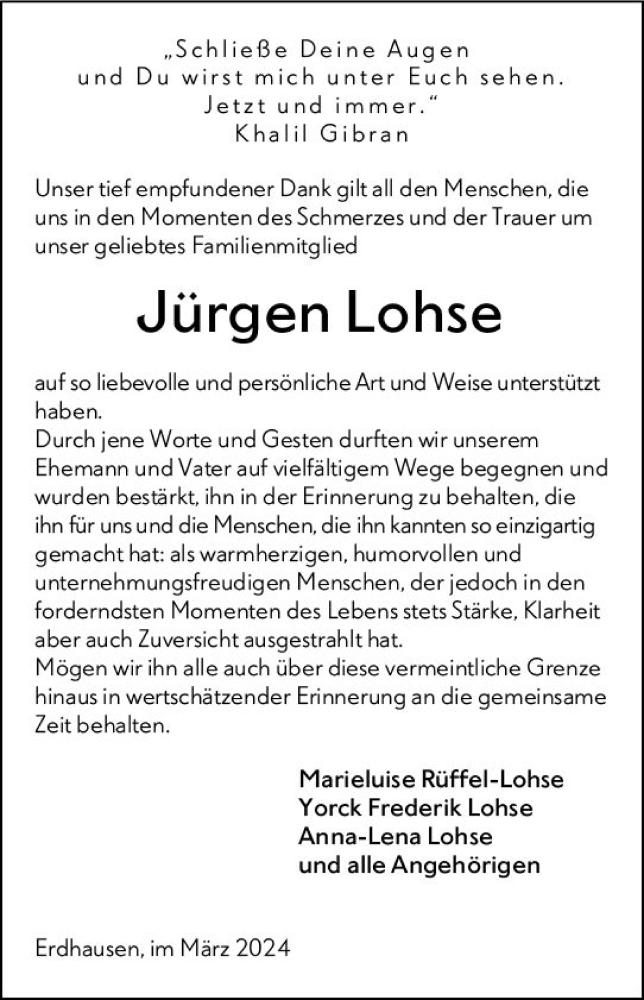 Traueranzeigen von Jürgen Lohse vrm trauer de