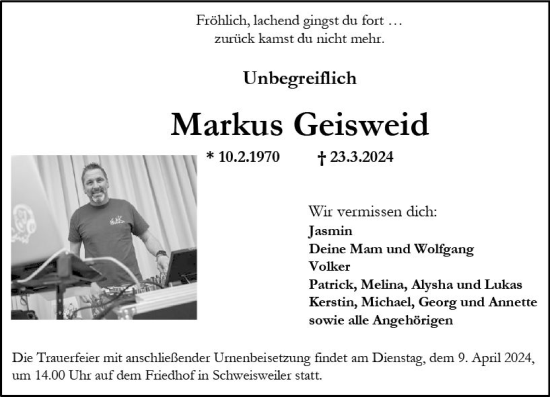 Traueranzeigen Von Markus Geisweid Vrm Trauer De