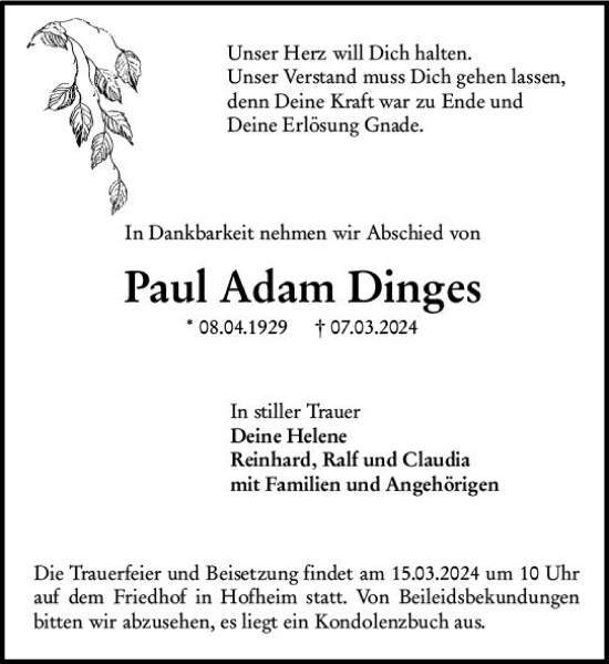 Traueranzeigen Von Paul Adam Dinges Vrm Trauer De