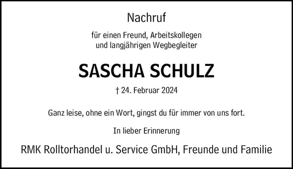 Traueranzeigen Von Sascha Schulz Vrm Trauer De