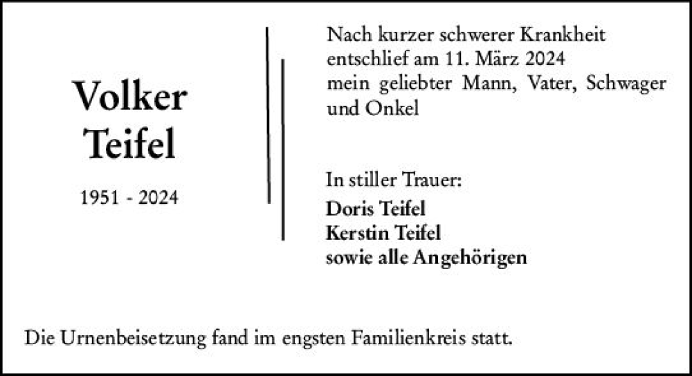 Traueranzeigen Von Volker Teifel Vrm Trauer De