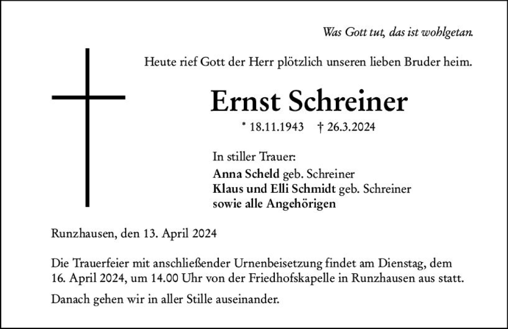 Traueranzeigen Von Ernst Schreiner Vrm Trauer De