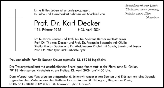 Traueranzeigen Von Karl Decker Vrm Trauer De