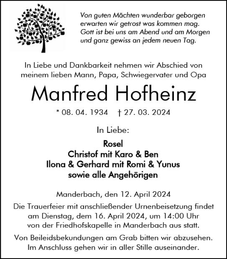 Traueranzeigen Von Manfred Hofheinz Vrm Trauer De