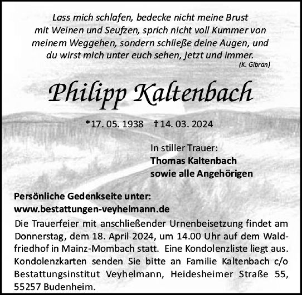 Traueranzeigen Von Philipp Kaltenbach Vrm Trauer De