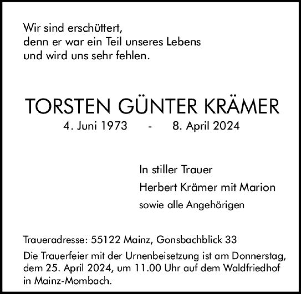 Traueranzeigen von Torsten Günter Krämer vrm trauer de