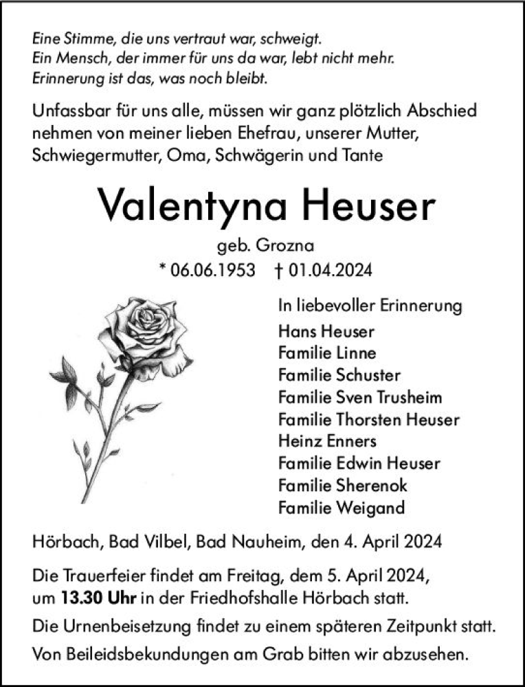 Traueranzeigen Von Valentyna Heuser Vrm Trauer De