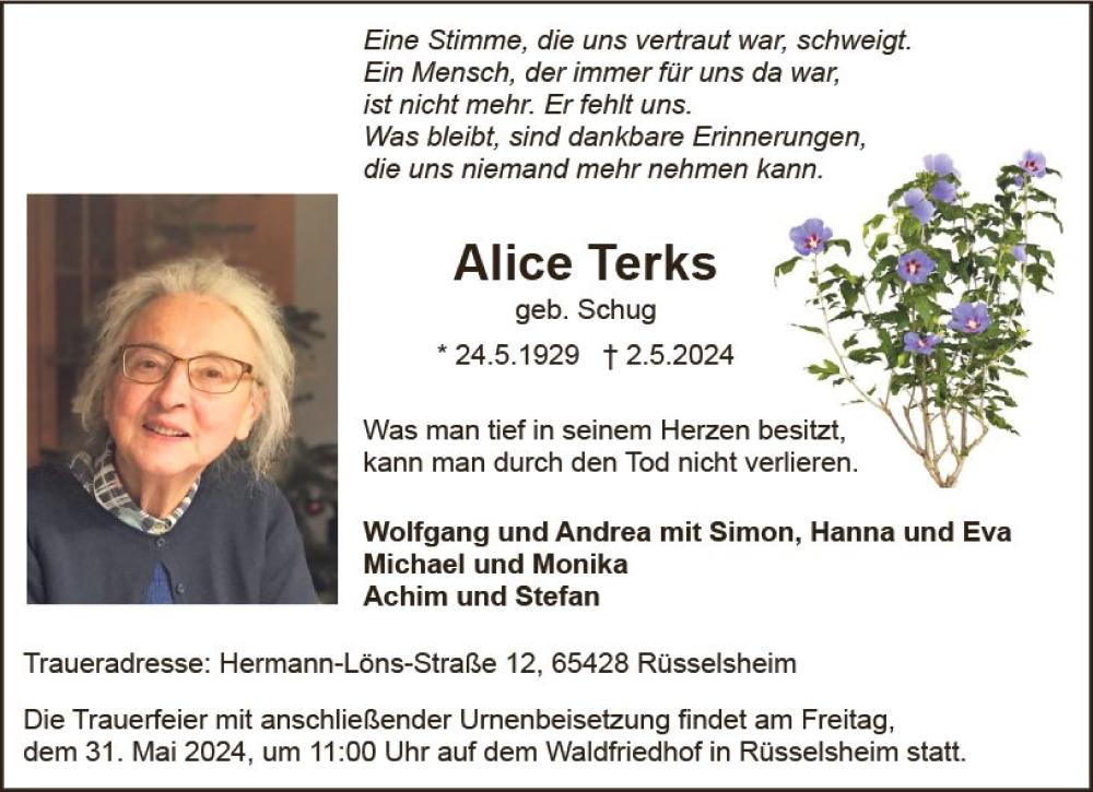 Traueranzeigen Von Alice Terks Vrm Trauer De