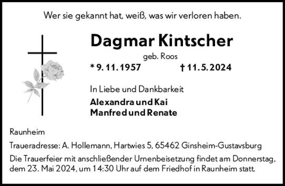 Traueranzeigen Von Dagmar Kintscher Vrm Trauer De