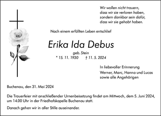 Traueranzeigen Von Erika Ida Debus Vrm Trauer De