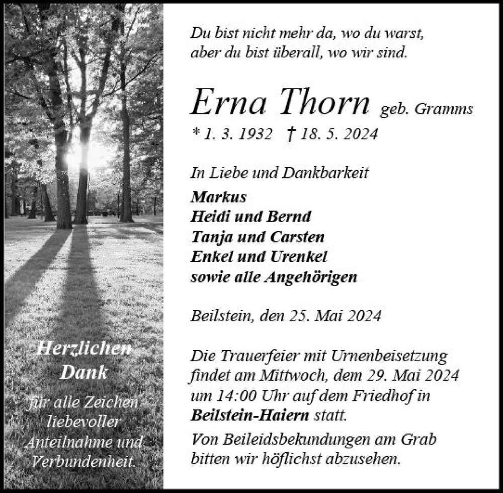 Traueranzeigen Von Erna Thorn Vrm Trauer De