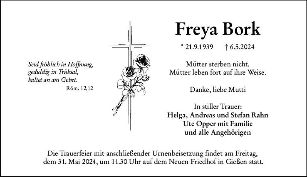 Traueranzeigen Von Freya Bork Vrm Trauer De