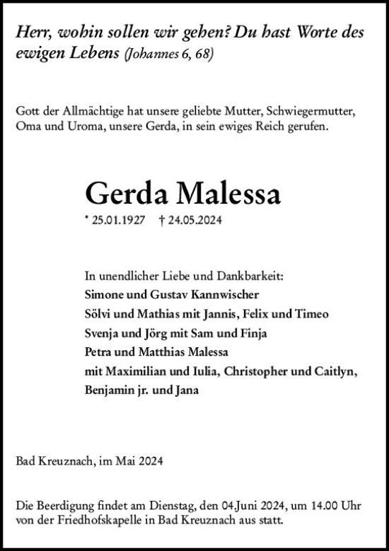 Traueranzeigen Von Gerda Malessa Vrm Trauer De