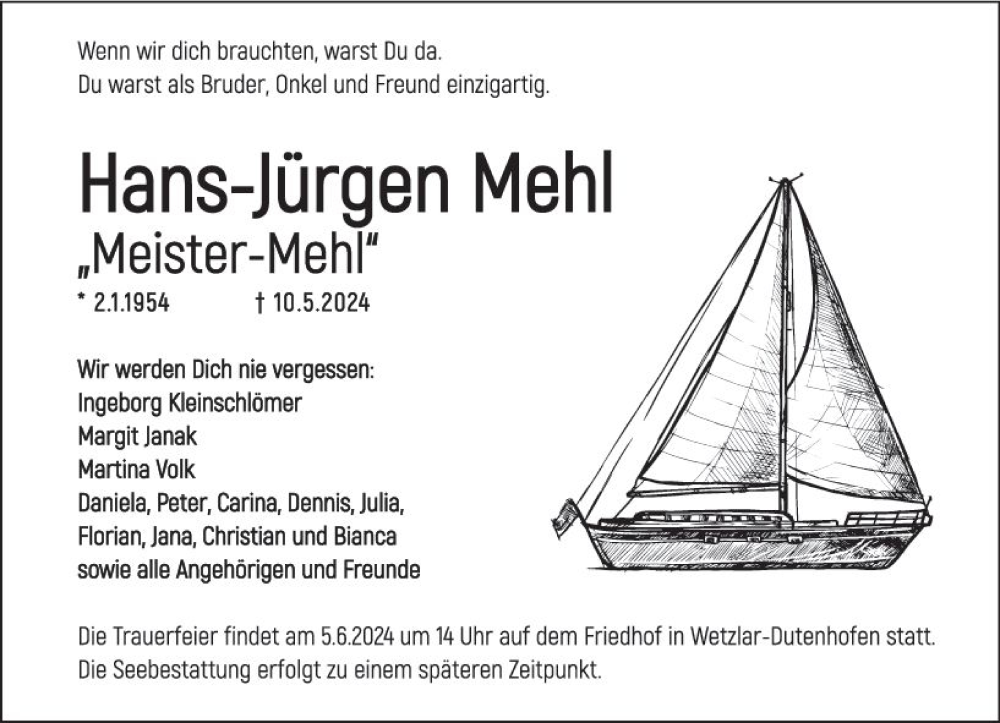 Traueranzeigen Von Hans J Rgen Mehl Vrm Trauer De