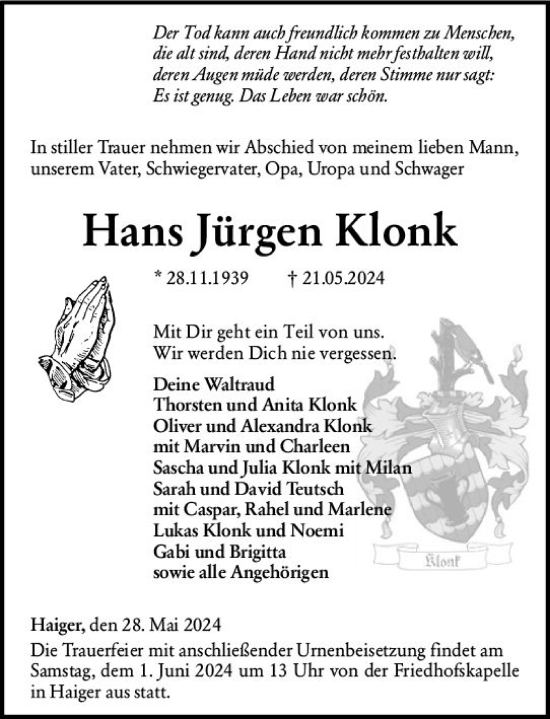 Traueranzeigen von Hans Jürgen Klonk vrm trauer de