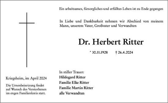 Traueranzeige von Herbert Ritter von Wormser Zeitung