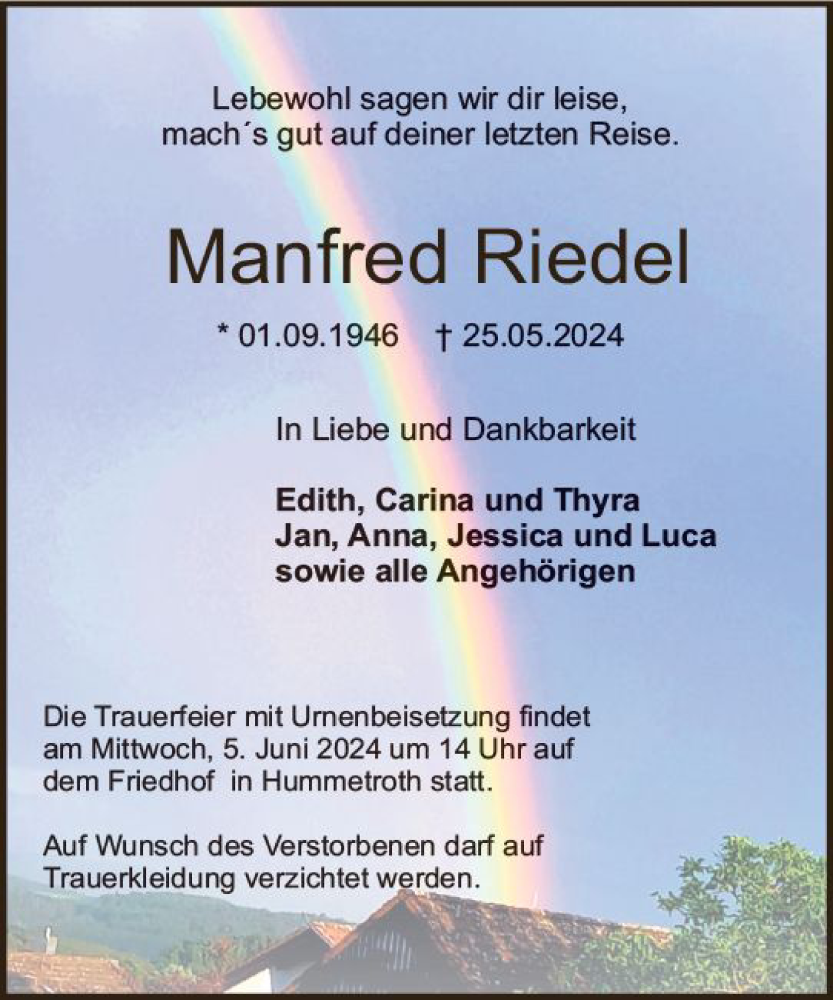 Traueranzeigen Von Manfred Riedel Vrm Trauer De