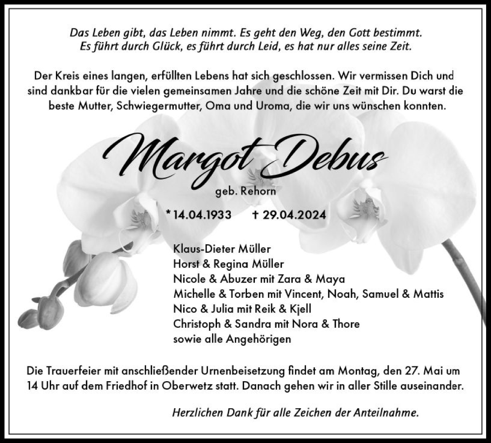 Traueranzeigen Von Margot Debus Vrm Trauer De