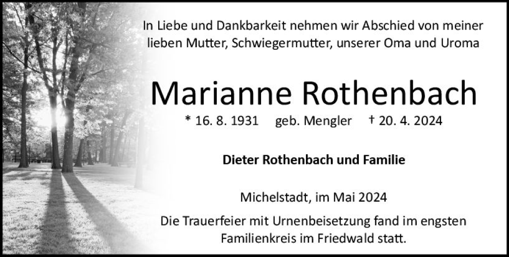 Traueranzeigen Von Marianne Rothenbach Vrm Trauer De