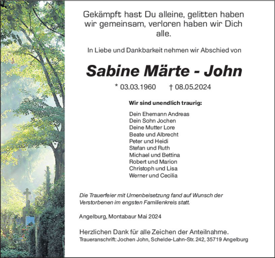 Traueranzeigen von Sabine Märte John vrm trauer de