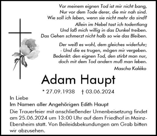 Traueranzeigen Von Adam Haupt Vrm Trauer De