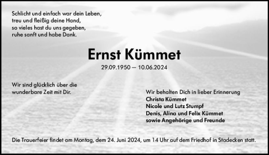 Traueranzeigen von Ernst Kümmet vrm trauer de