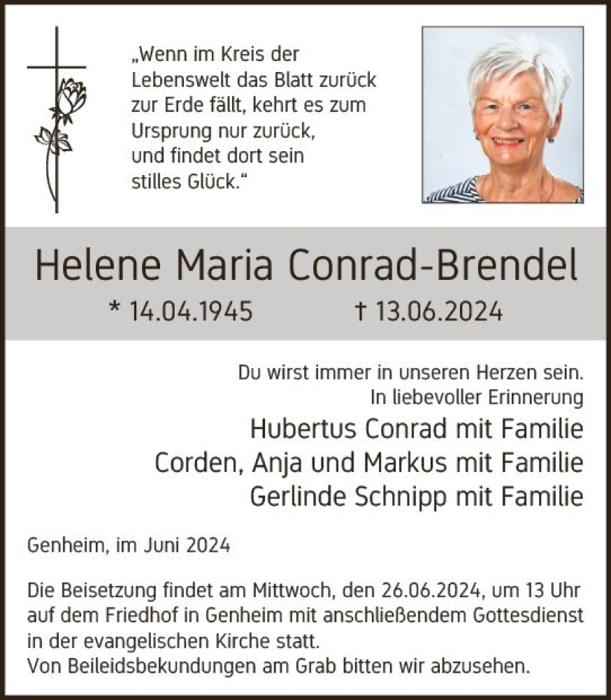 Traueranzeigen Von Helene Maria Conrad Brendel Vrm Trauer De