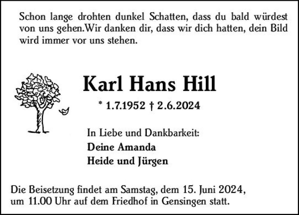 Traueranzeigen Von Karl Hans Hill Vrm Trauer De