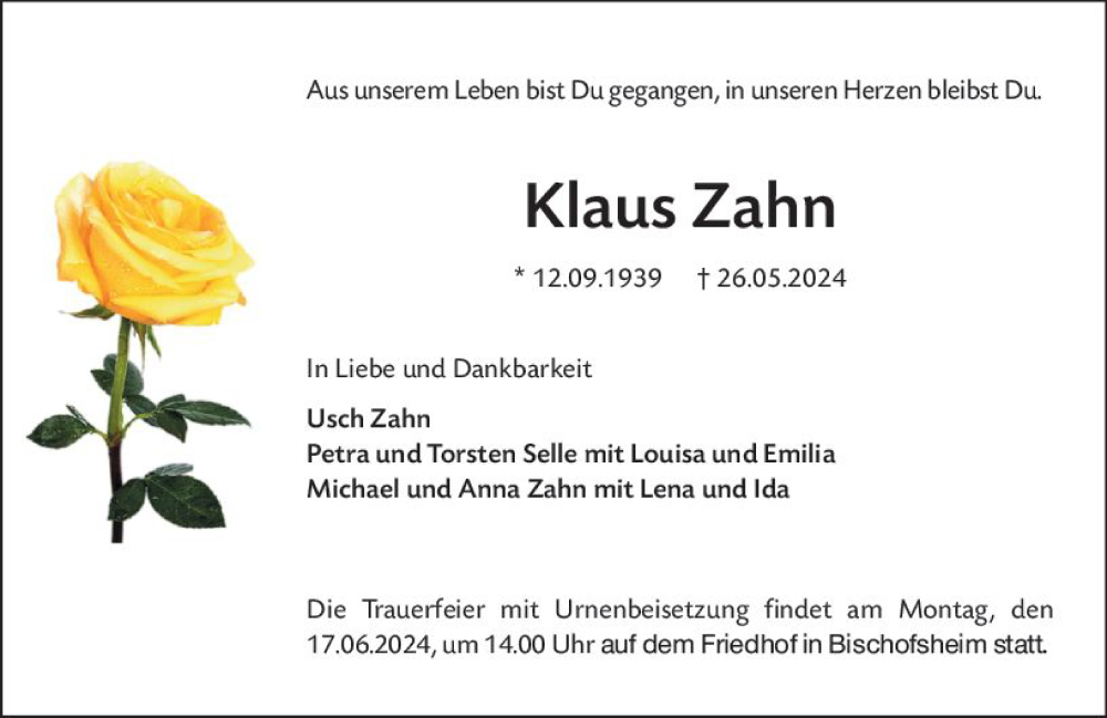 Traueranzeigen Von Klaus Zahn Vrm Trauer De