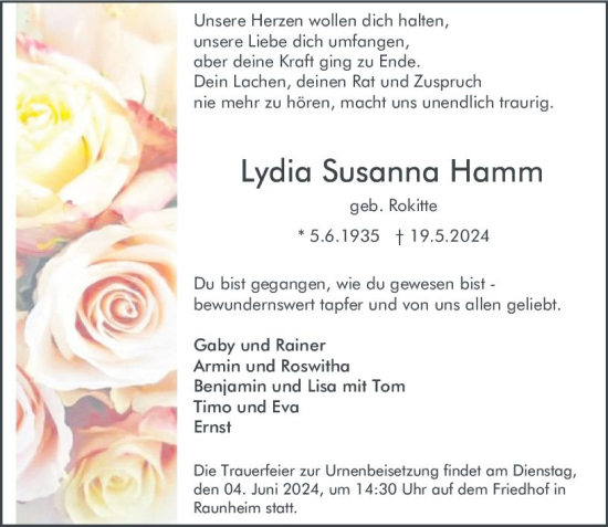 Traueranzeigen Von Lydia Susanna Hamm Vrm Trauer De