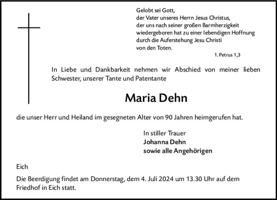 Traueranzeigen Von Maria Dehn Vrm Trauer De