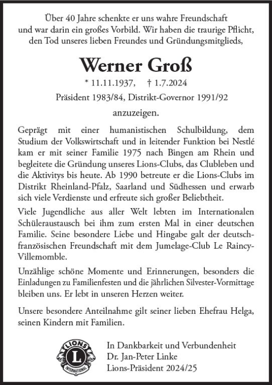 Traueranzeigen von Werner Groß vrm trauer de