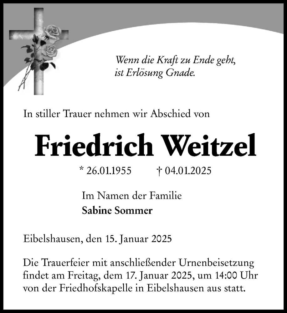 Traueranzeigen Von Friedrich Weitzel Vrm Trauer De