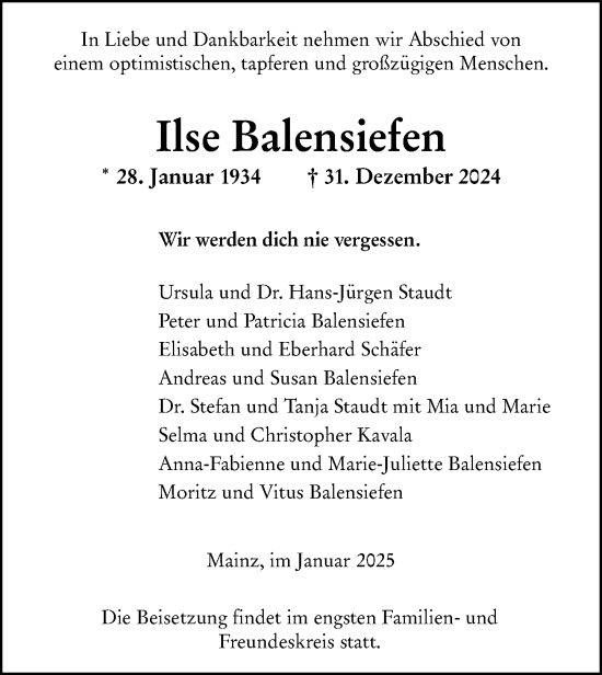 Traueranzeigen Von Ilse Balensiefen Vrm Trauer De