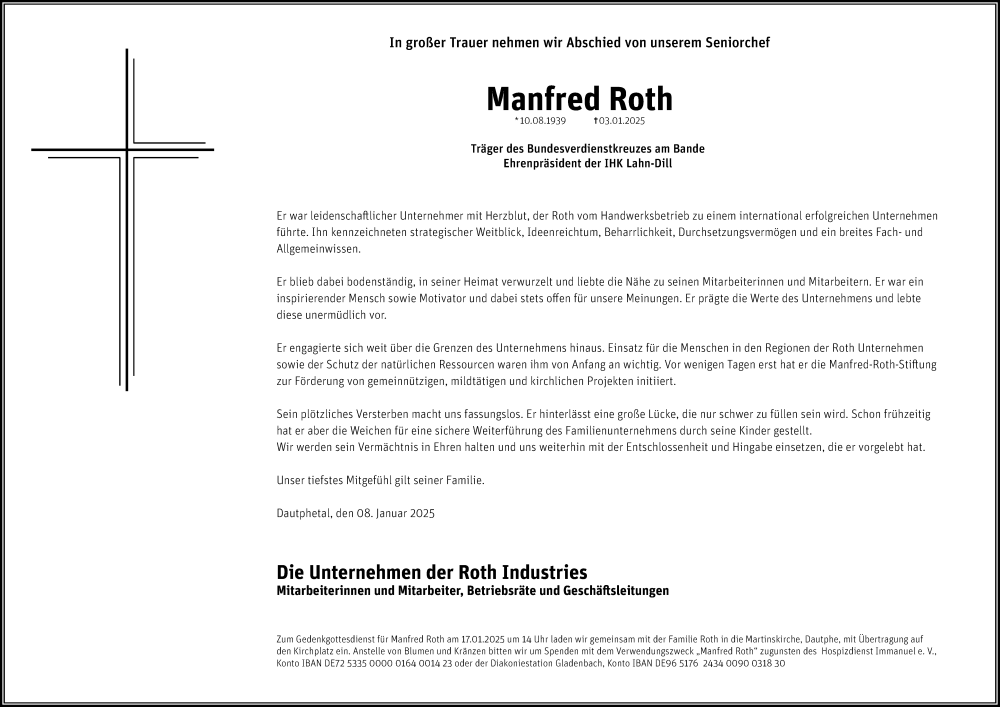  Traueranzeige für Manfred Roth vom 08.01.2025 aus Hinterländer Anzeiger