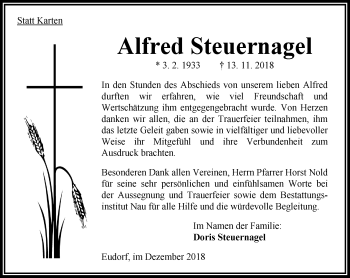 Traueranzeige von Alfred Steuernagel von VRM Trauer