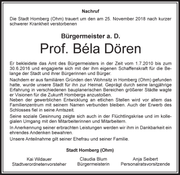 Traueranzeige von Béla Dören von VRM Trauer