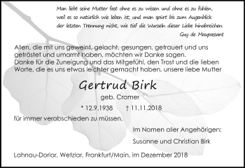 Traueranzeige von Gertrud Birk von 201 WNZ - Wetzlarer Neue Zeitung (110)