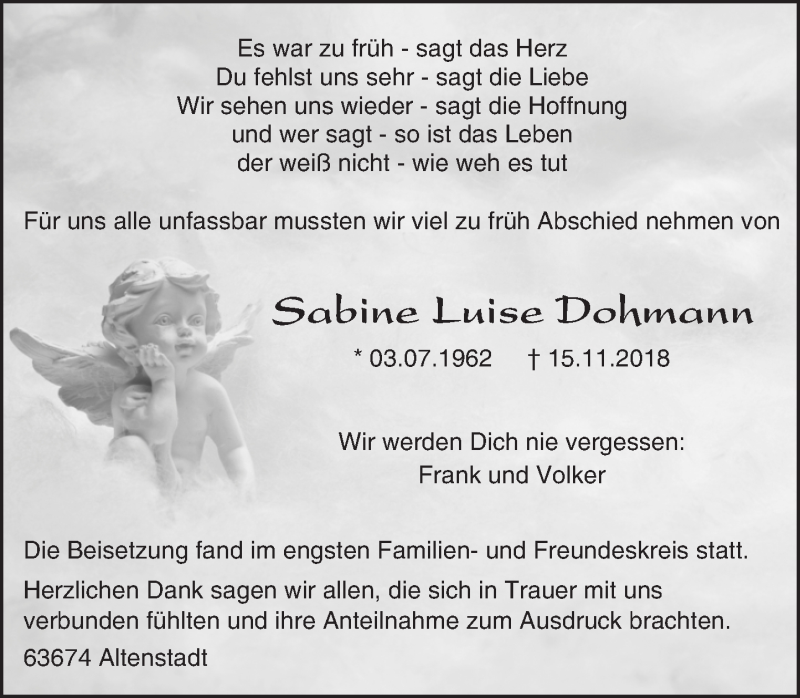  Traueranzeige für Sabine Luise Dohmann vom 08.12.2018 aus 561 Kreisanzeiger