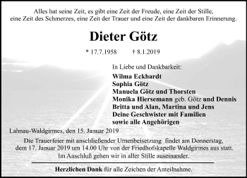 Traueranzeige von Dieter Götz von 201 WNZ - Wetzlarer Neue Zeitung (110)