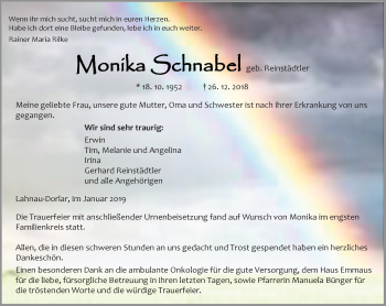 Traueranzeige von Monika Schnabel von 201 WNZ - Wetzlarer Neue Zeitung (110)