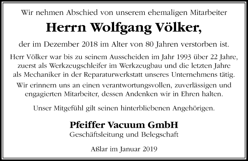  Traueranzeige für Wolfgang Völker vom 14.01.2019 aus 201 WNZ - Wetzlarer Neue Zeitung (110)