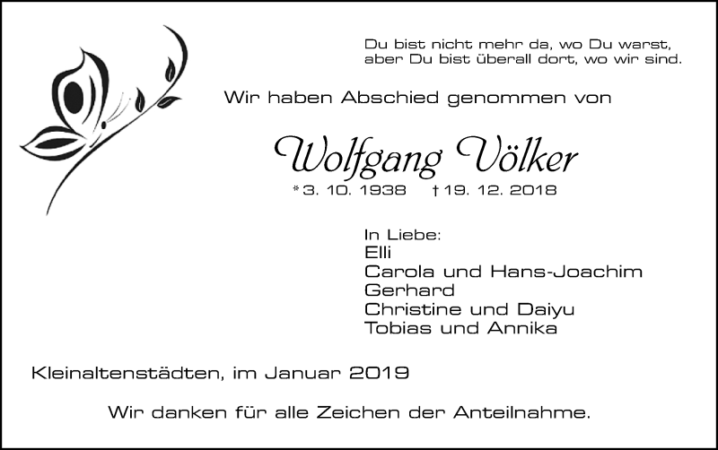  Traueranzeige für Wolfgang Völker vom 12.01.2019 aus 201 WNZ - Wetzlarer Neue Zeitung (110)