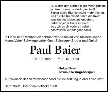 Traueranzeige von Paul Baier von Darmstädter Echo, Odenwälder Echo, Rüsselsheimer Echo, Groß-Gerauer-Echo, Ried Echo