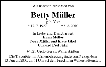 Traueranzeige von Betty Müller von Rüsselsheimer Echo, Groß-Gerauer-Echo, Ried Echo