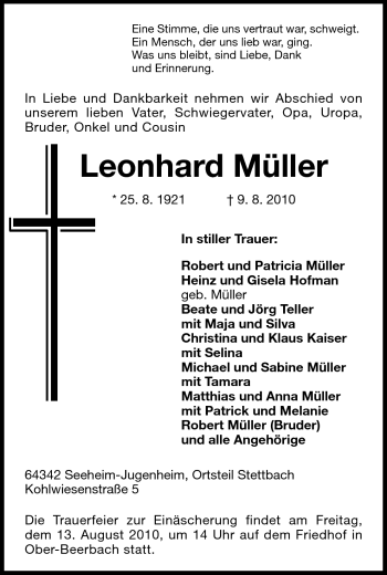 Traueranzeige von Leonhard Müller von Echo-Zeitungen (Gesamtausgabe)