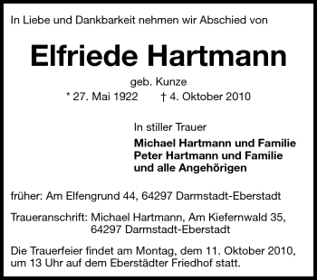 Traueranzeige von Elfriede Hartmann von Echo-Zeitungen (Gesamtausgabe)