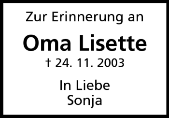 Traueranzeige von Oma Lisette von Odenwälder Echo