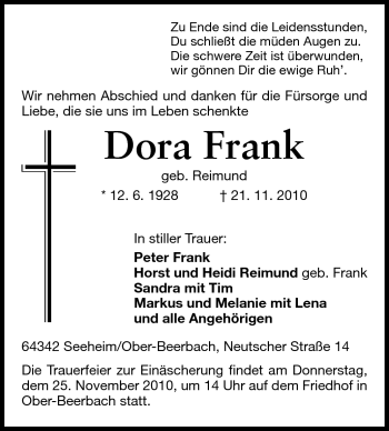 Traueranzeige von Dora Frank von Echo-Zeitungen (Gesamtausgabe)