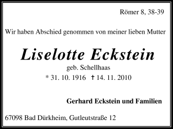 Traueranzeige von Liselotte Eckstein von Odenwälder Echo